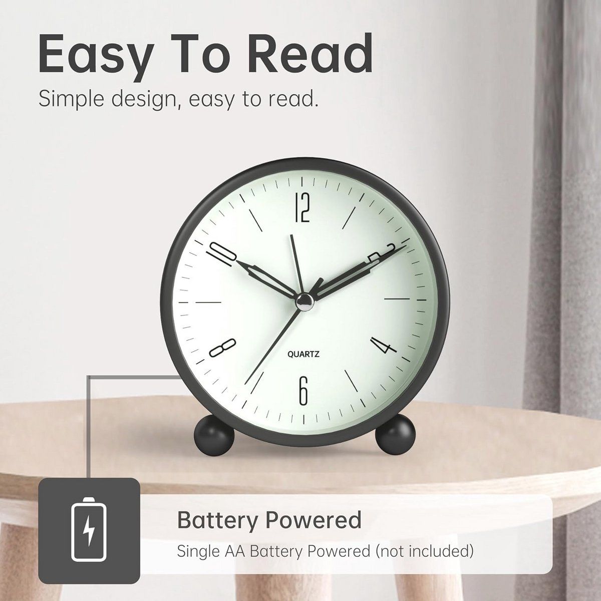 4-Inch Black Silent Analog Alarm Clock with Night Light, Compact Battery-Operated Bedside Clock — image 6