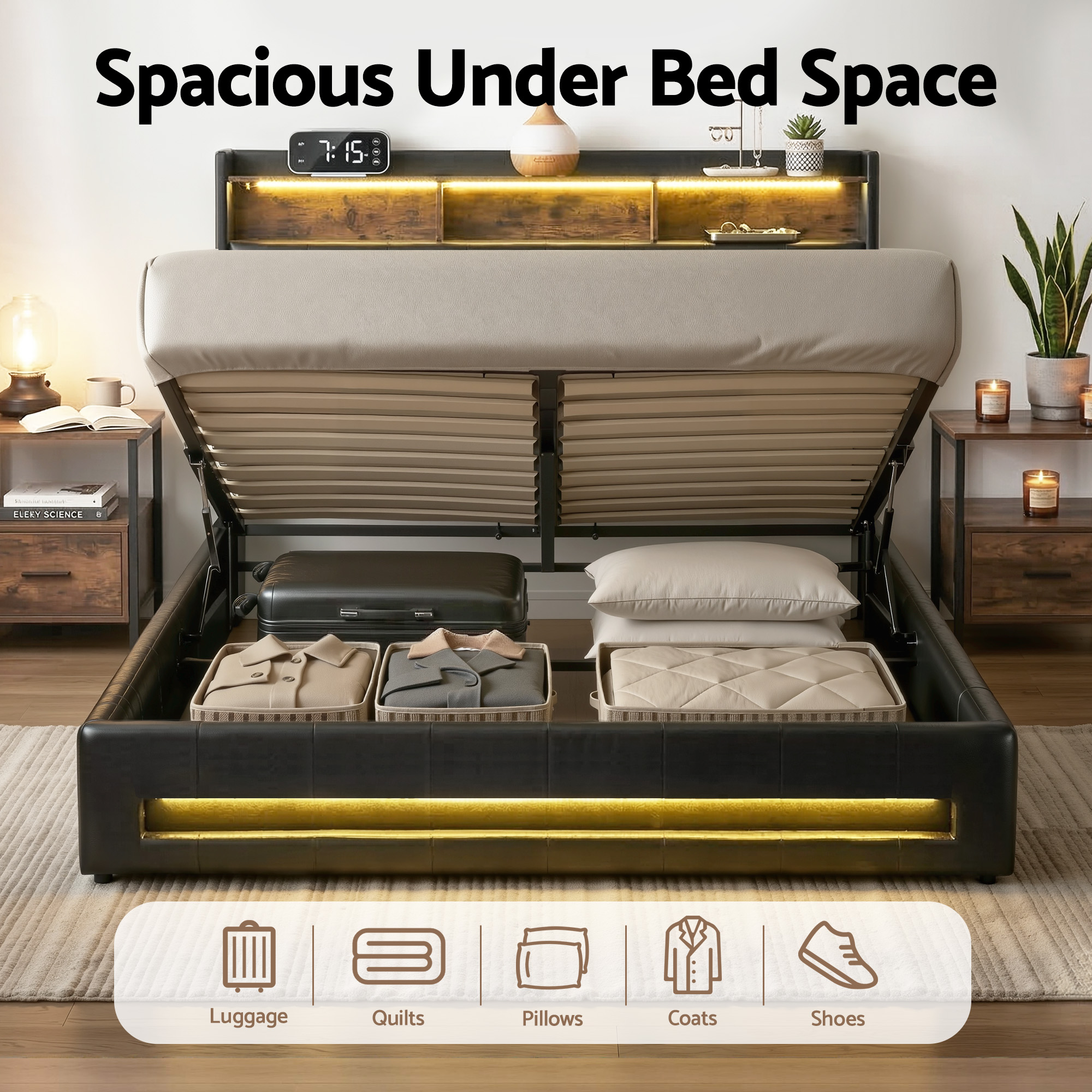 Artiss Queen Bed Frame with Gas Lift Storage LED Lights Charging Station Headboard with Open Shelf โ image 6