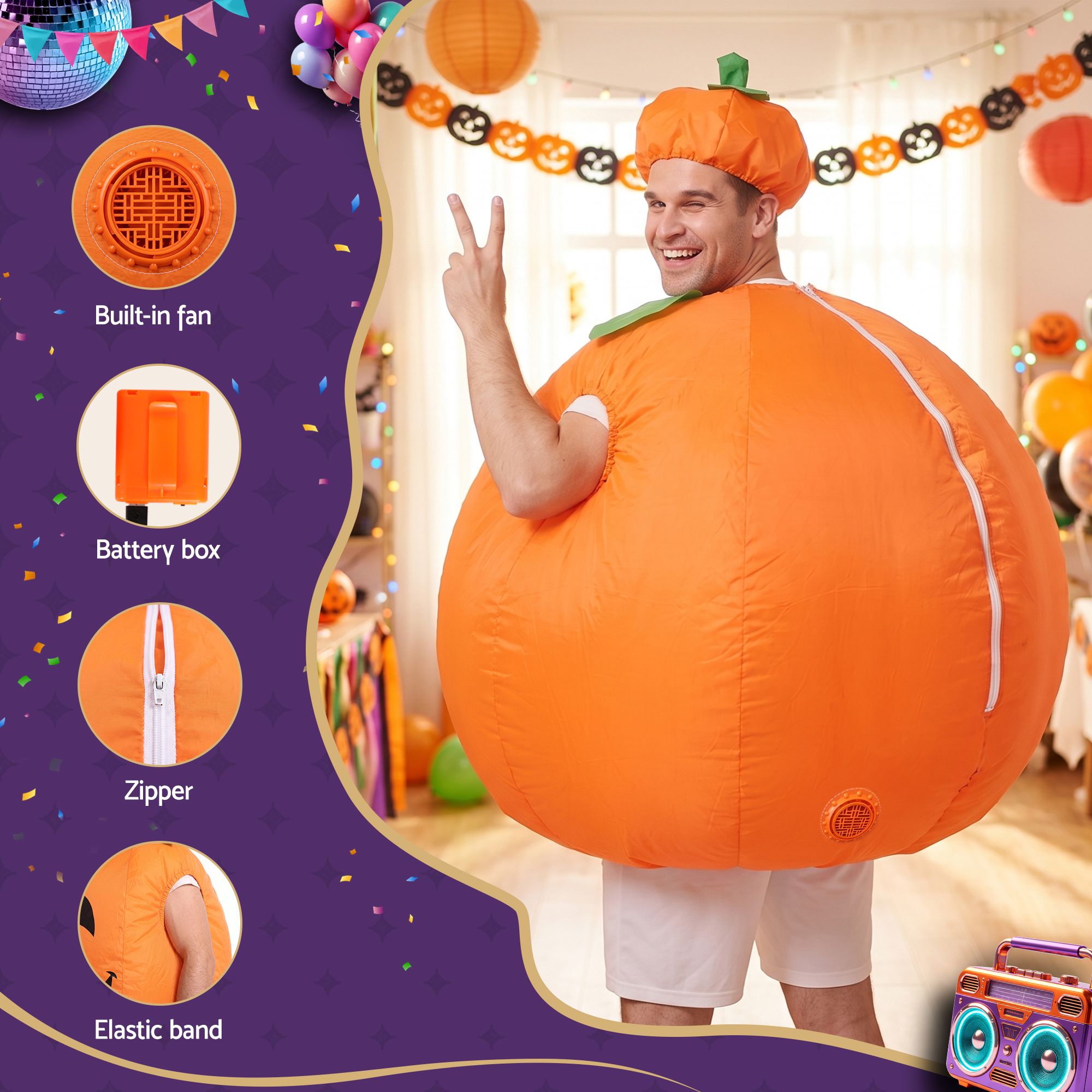 Inflatable Costume Pumpkin Fancy Dress Halloween Party Suit Orange One Size — image 5