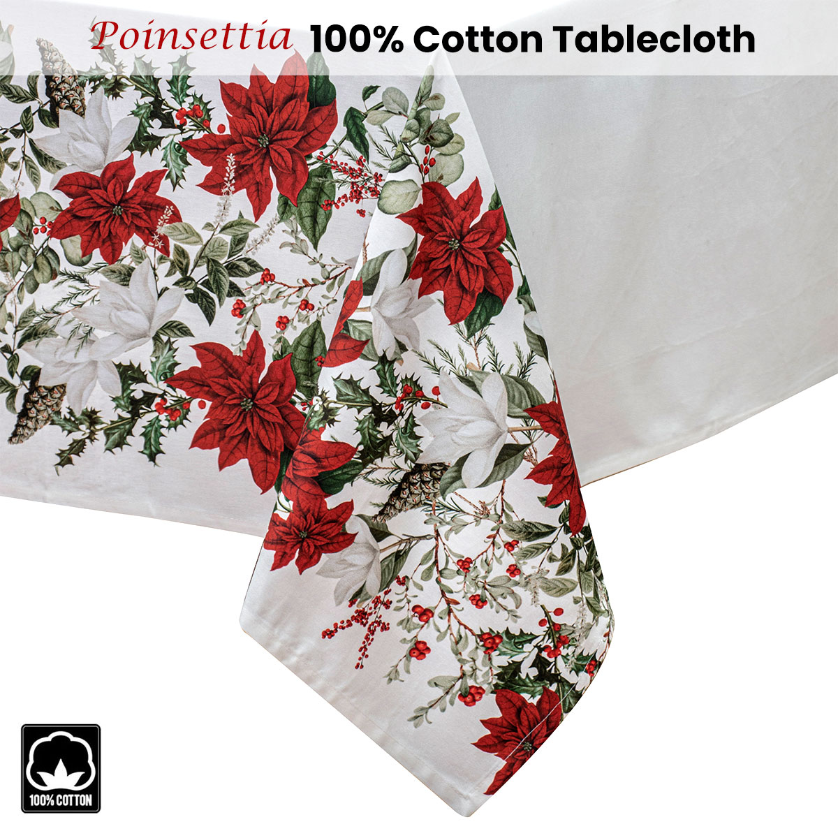 100% Cotton Ashdene Poinsettia Festive Christmas Holiday Tablecloth 150 x 230 cm โ image 2