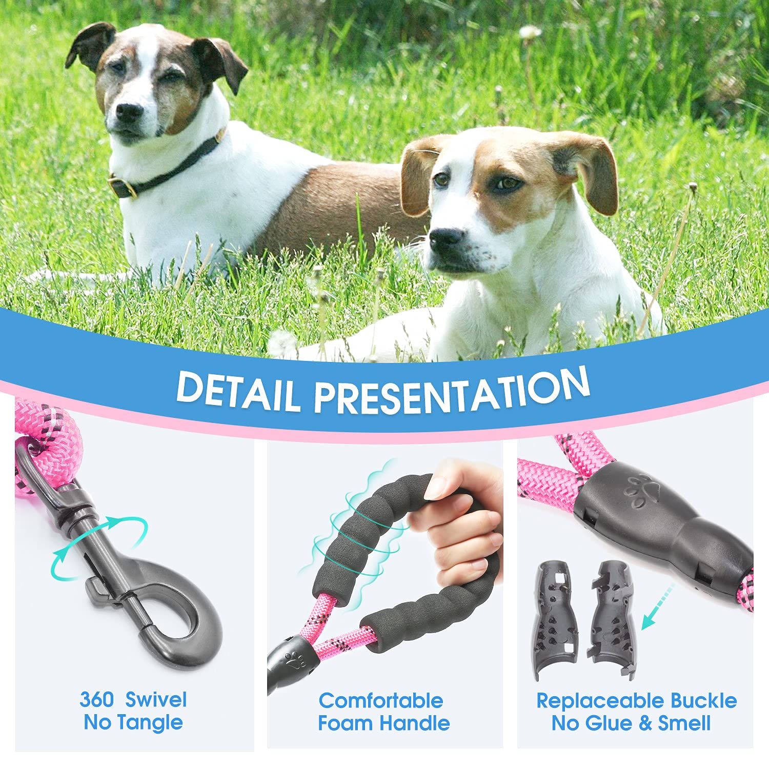 Dog Leash with Comfortable Padded Handle and Highly Reflective Threads for Small Medium and Large Dogs (Pink) โ image 3