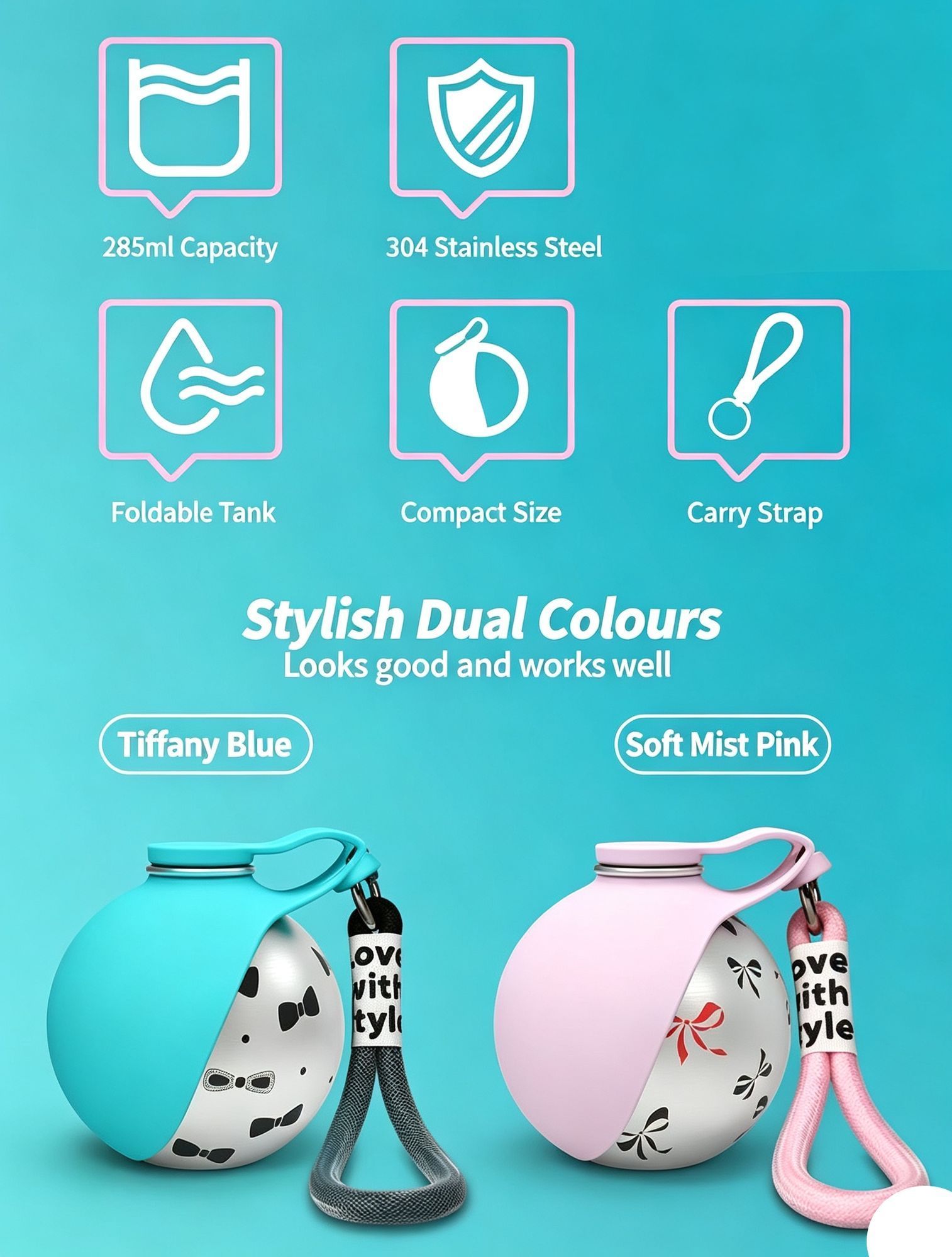 304 Stainless Steel Outdoor Pet Water Bottle, Tiffany Blue Printed Water Container With Black Lanyard, Collapsible Silicone Dog Bowl, Portable ā image 3