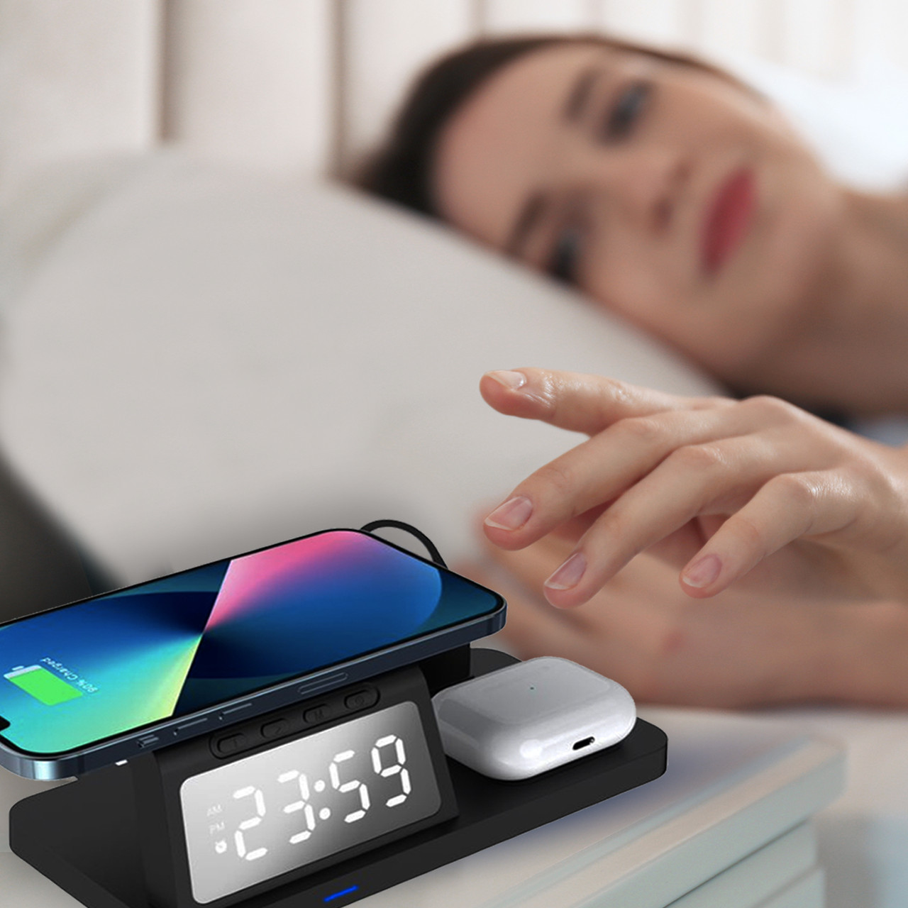 Laser 3-in-1 Wireless Charging Station with Alarm Clock - Black — image 4