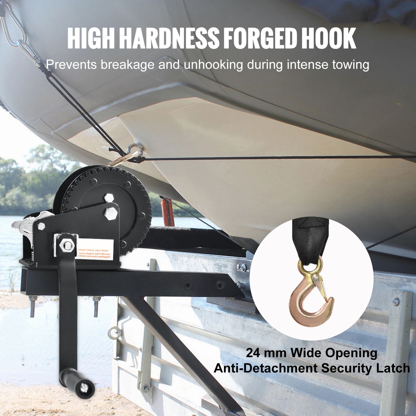 Hand Winch, 907.1 kg Pulling Capacity, Boat Trailer Winch Heavy Duty Rope Crank with 7 m Polyester Strap and Two-Way Ratchet, Manual Operated Hand Crank Winch โ image 4