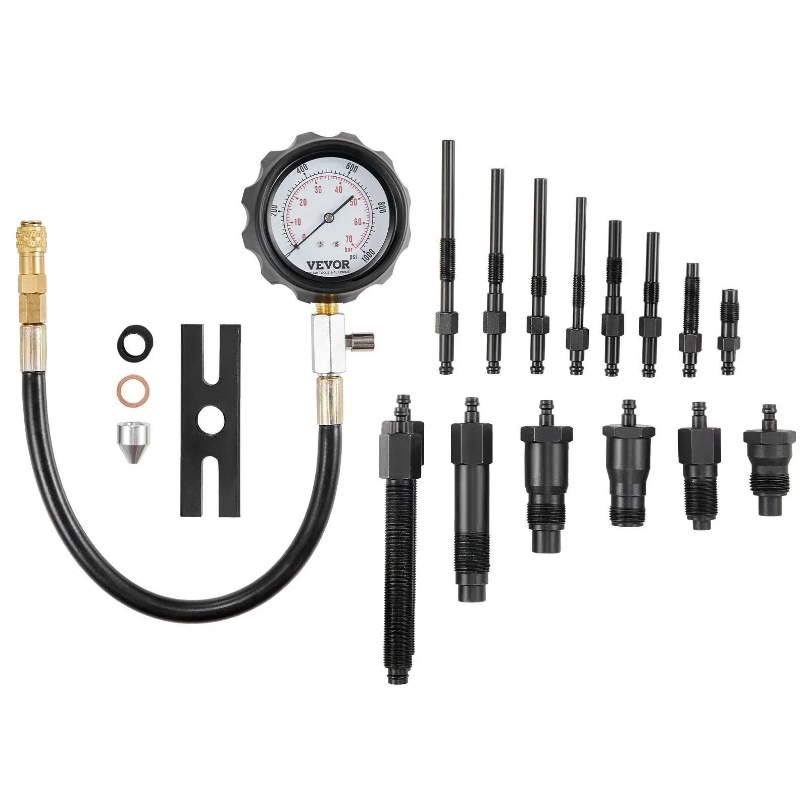 Diesel Engine Compression Tester, 18 pcs Cylinder Pressure Test Tool Kit, with 0-1000 psi Gauge and Adapters, Equipment โ image 2