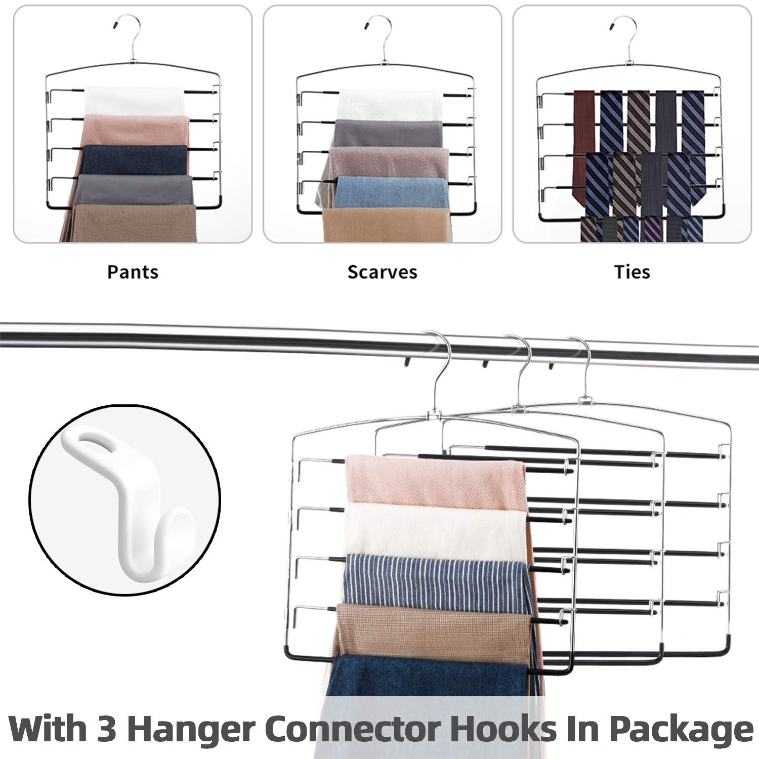 Pants Hangers Non Slip 3 Pack Space Saving Hangers Multi-Layer Swing Arm Pants Hanger Stainless Steel Space Saver Hanger Closet Storage Organizer for Jeans — image 5