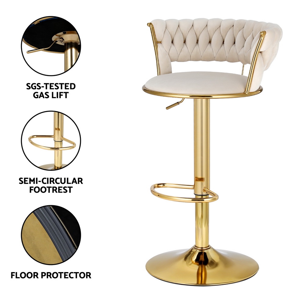 Artiss 2x Bar Stools Gas Lift Velvet Woven Backrest Ivory — image 5