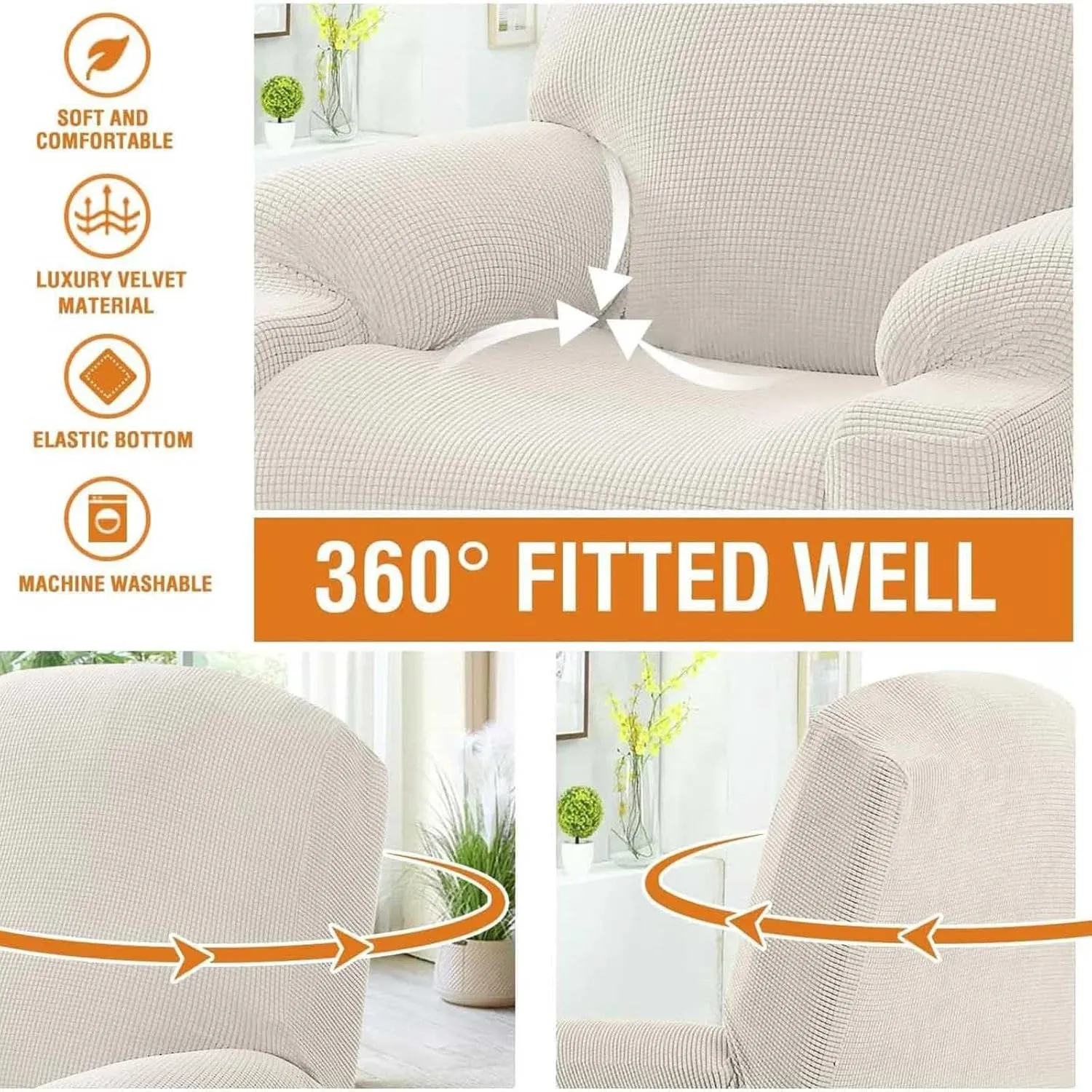 Power Lift Recliner Slipcover, High Stretch Soft Jacquard Fabric with Side Pocket, Fitted Cover for Standard Recliner Chair, Cream, Letter H Option โ image 5