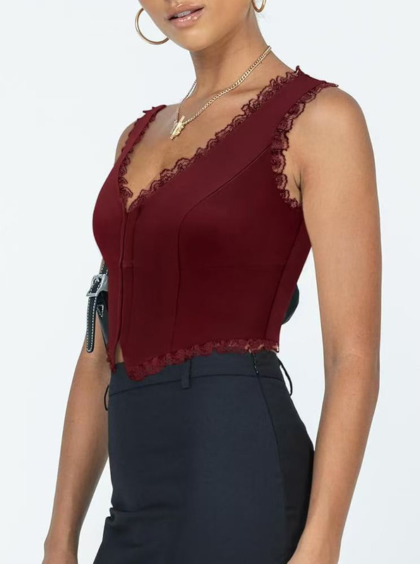 2-Pack Red French Vintage Lace Splice Camisole(2XL Size) - Slim Fit Halter Top with Back Detail and Button Placket โ image 2