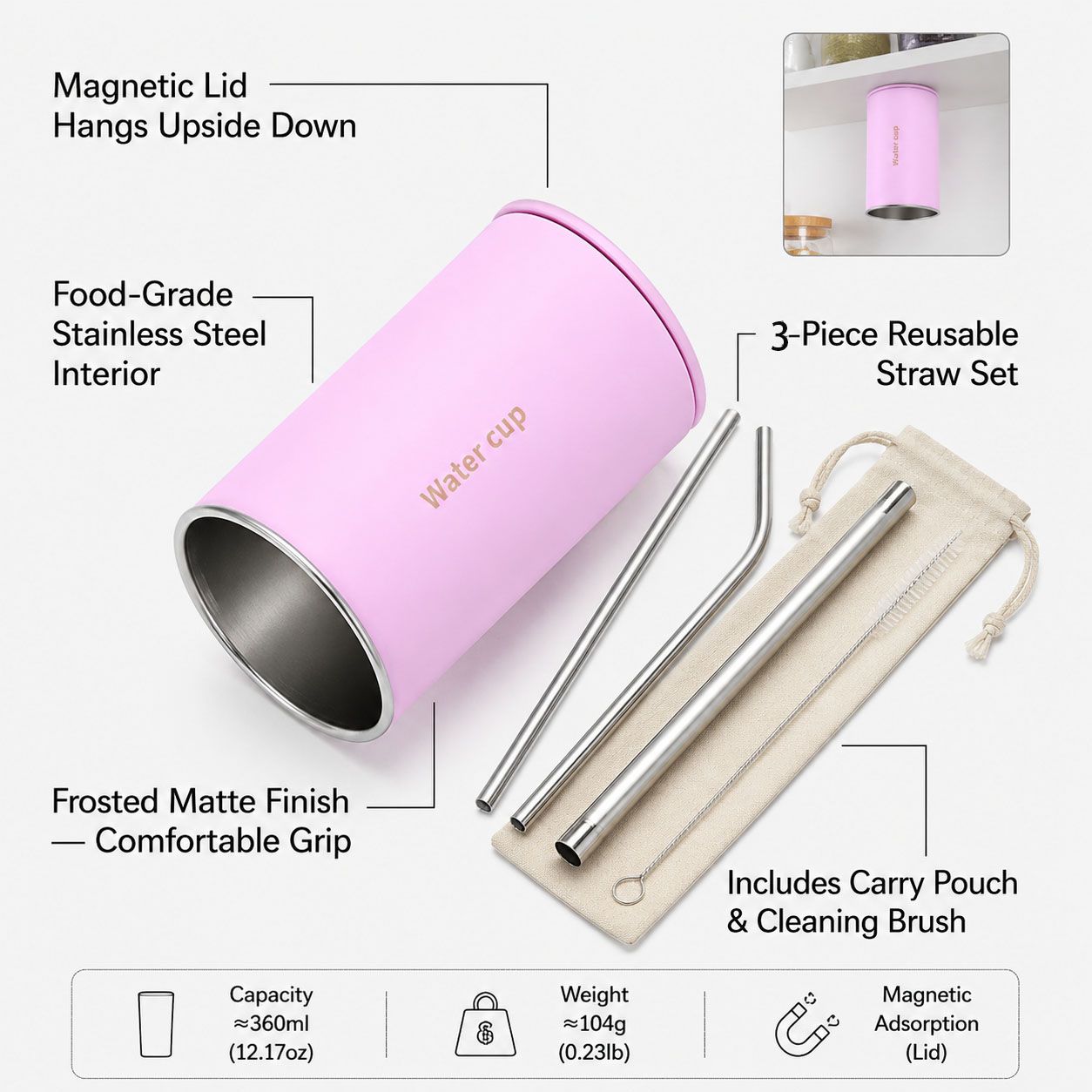 Pink 304 Stainless Steel Magnetic Hanging Water Bottle Set, 12.17 oz Reusable Drinking Bottle, Comes with 4 Stainless Steel Straws, Cleaning Brush, Storage Bag