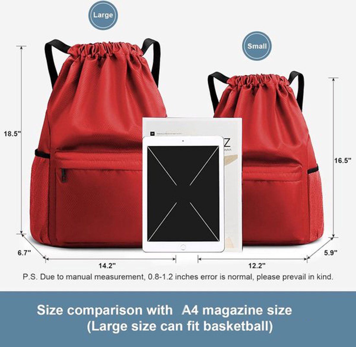 Waterproof Drawstring Gym Bag with Wet Dry Compartment, Lightweight Sports Backpack for Yoga, Dance and Travel, Red, Large, 47 cm — image 2
