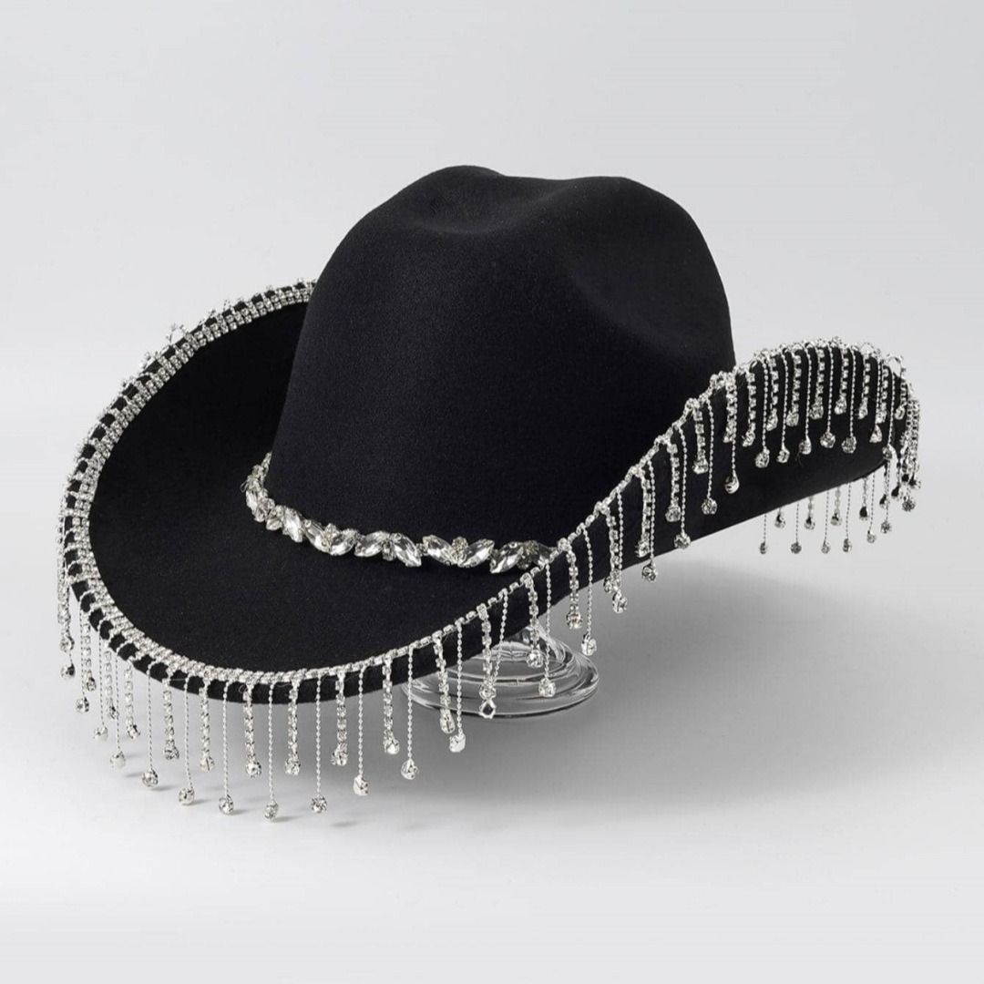 Western Cowboy Hat with Rhinestone Tassel Fringe - Black Felt-Style Party Hat with Decorative Chain for Festivals, Weddings and Stage Outfits