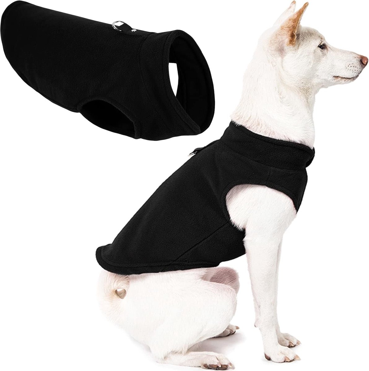 Dog Coat - Fleece Vest - Dog Sweater - Warm Winter Coat - Pull-On Fleece Coat - Leash with Ring - Perfect for Small and Medium Dogs - Black - Size L