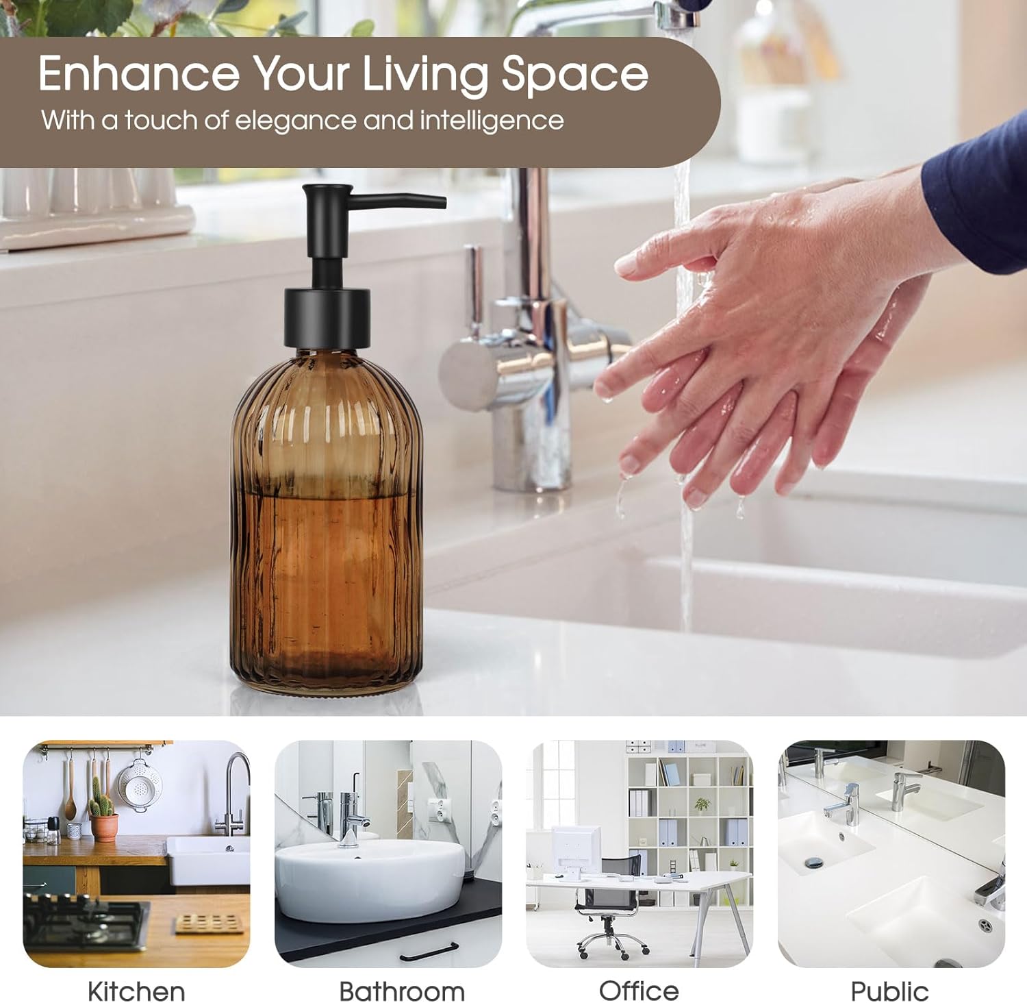 13.5oz Stripe Glass Soap Dispenser with Black Plastic Pump, 400ml Liquid Hand Soap Dispenser, Rustproof Pump for Kitchen & Bathroom, Great for Lotions — image 5