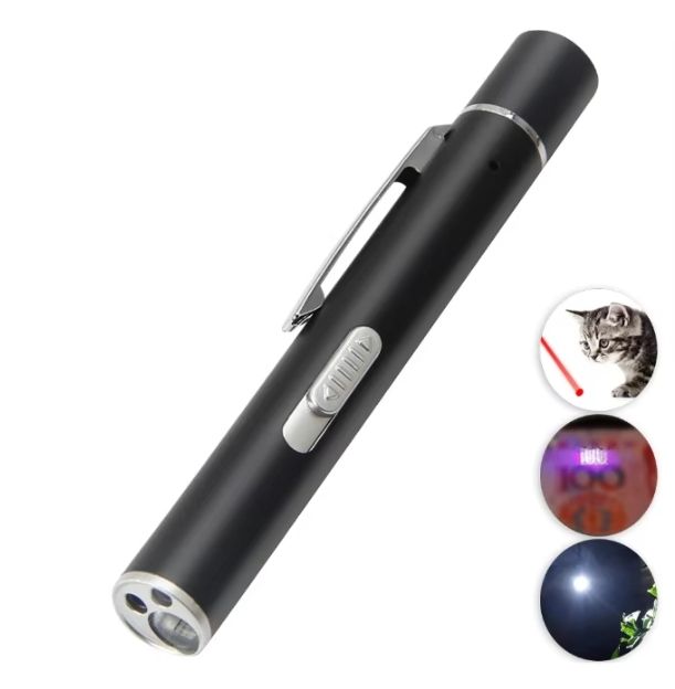 Grey Metal Laser Cat Toy Pen Set - 2 Piece USB Rechargeable 3-in-1 Laser Pointer with UV Light and LED Torch in Gift Tin Box โ image 2