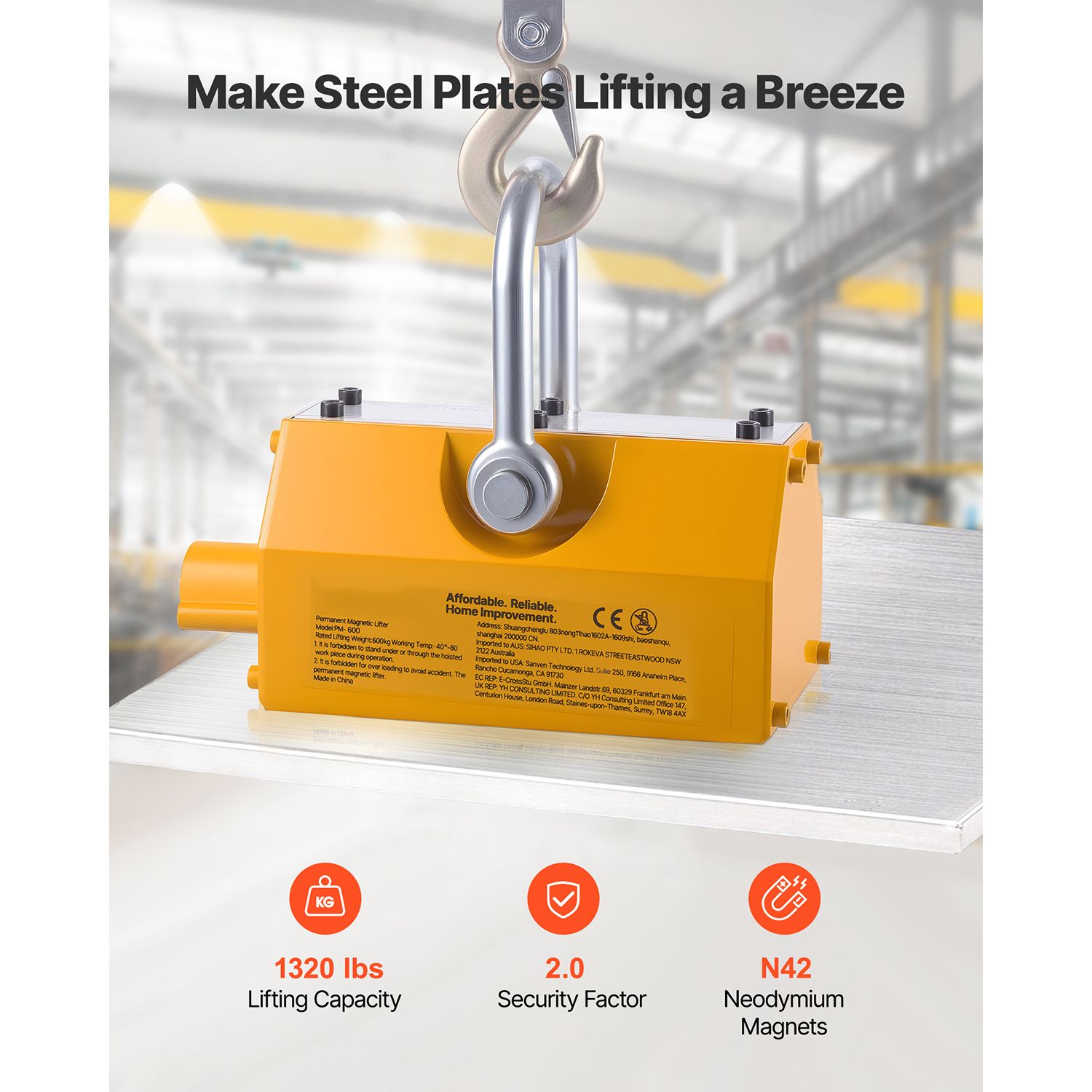 Permanent Magnetic Lifter, 600 kg Pulling Capacity, Heavy Duty N42 Neodymium Lifting Magnet with Release Handle and Steel Hook, Used in Shop Crane and Hoist — image 2