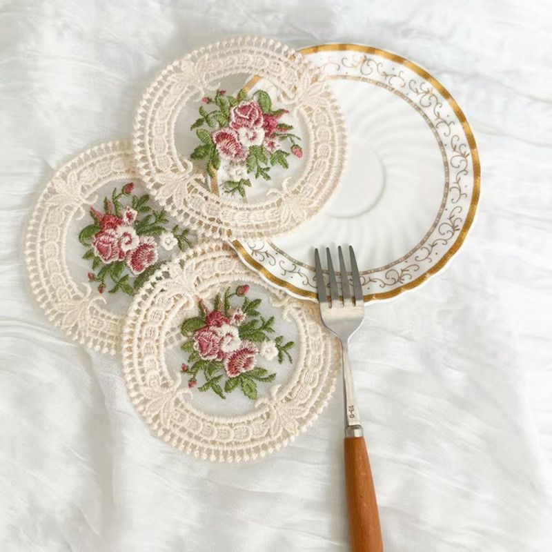 6 Pack Beige Vintage Rose Embroidered Lace Coasters, French Ins Style Round Mesh Heat Resistant Cup Mats β image 4