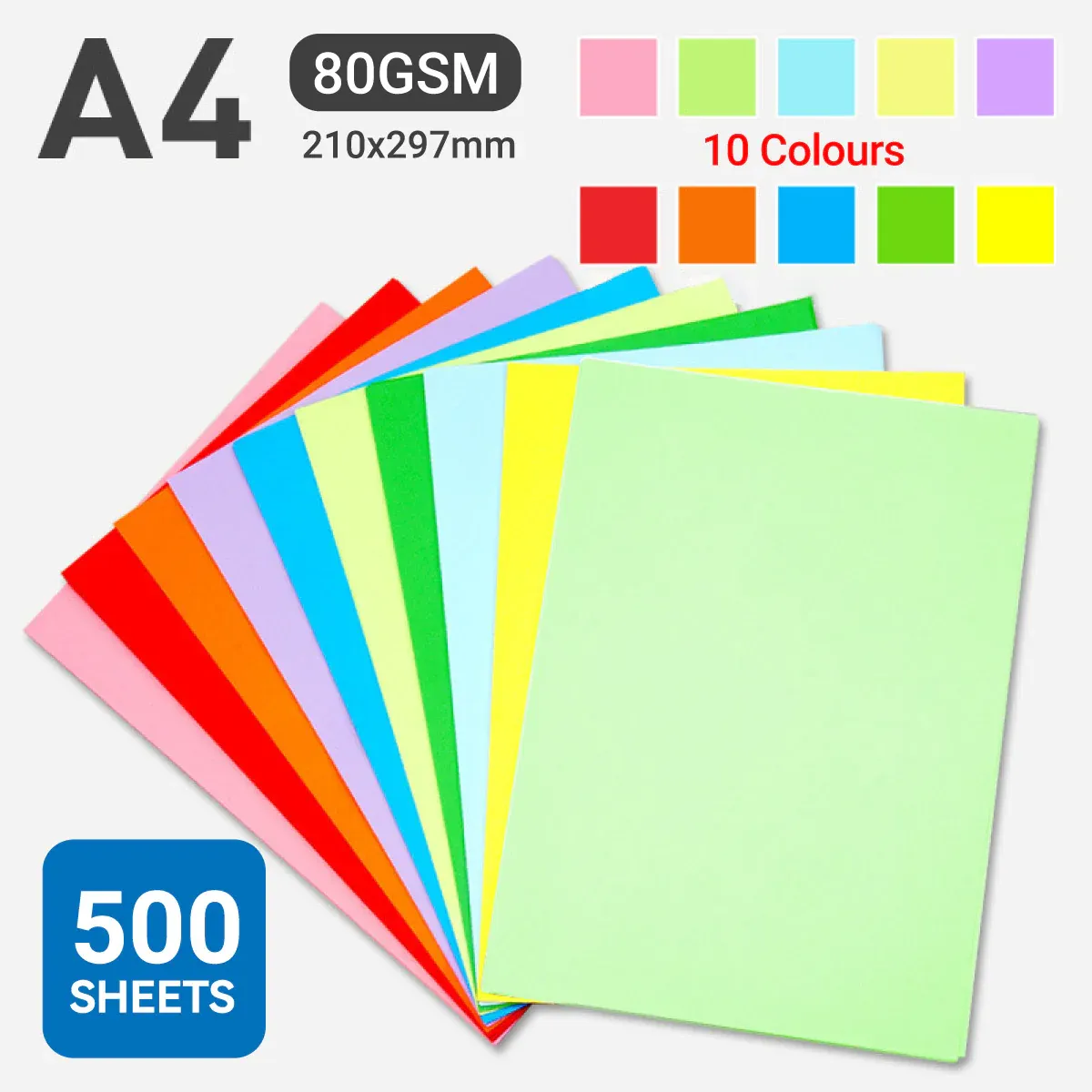 A4 Coloured Paper 70/80GSM Multi Colours for Craft Scrapbook School Project - 10-Colour