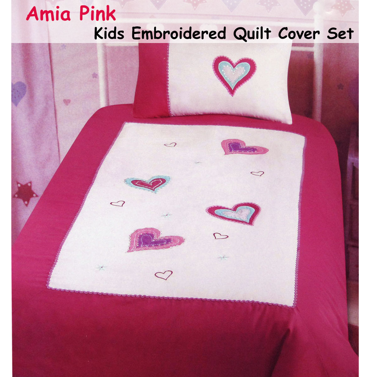 Amia Hearts Embroidered Quilt Cover Set Single — image 2