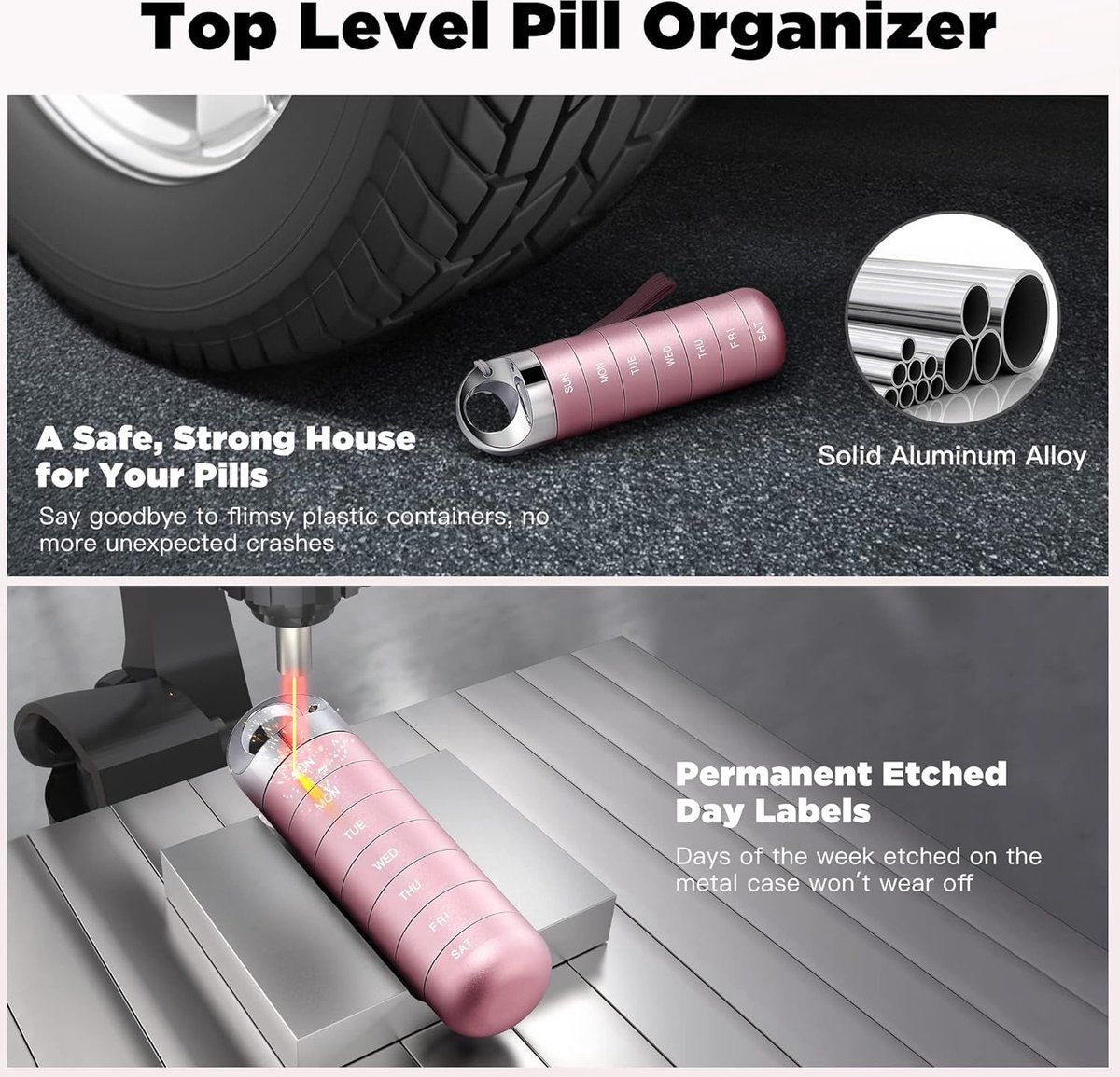 Metal Travel Pill Box, Portable Waterproof Weekly Pill Box, Large Aluminum Alloy Pill Holder, Fish Oil, Supplements, Pink โ image 2