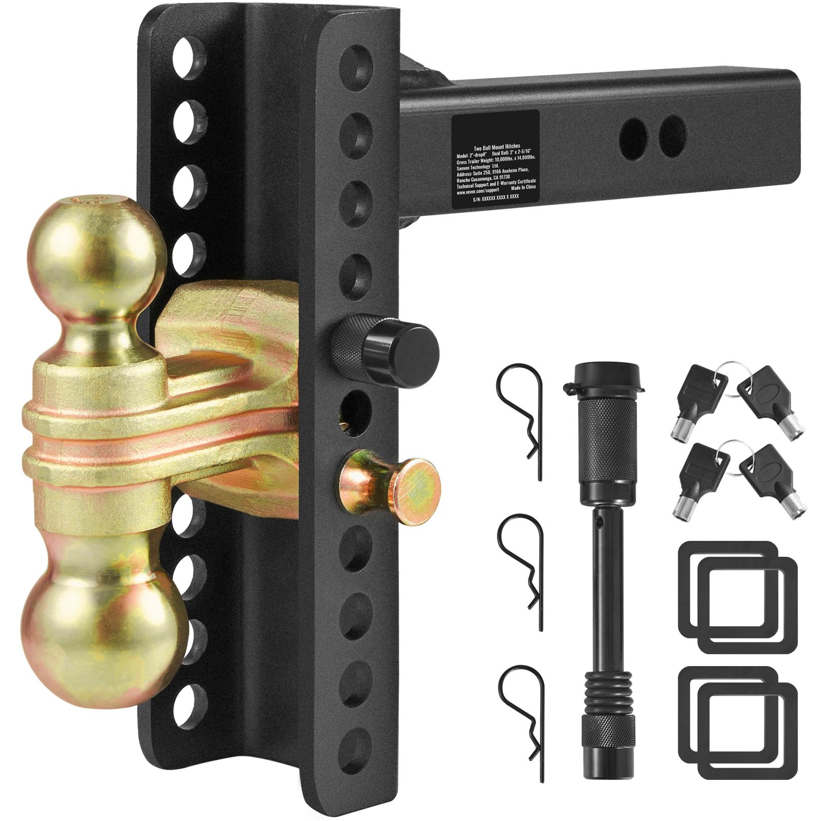 Adjustable Trailer Hitch, 203.2 mm Drop & 165.1 mm Rise Hitch Ball Mount with 50.8 mm Receiver, Solid Tube, 6350 kg GTW, 50.8 m and 58.7 mm 45# Steel Tow Balls