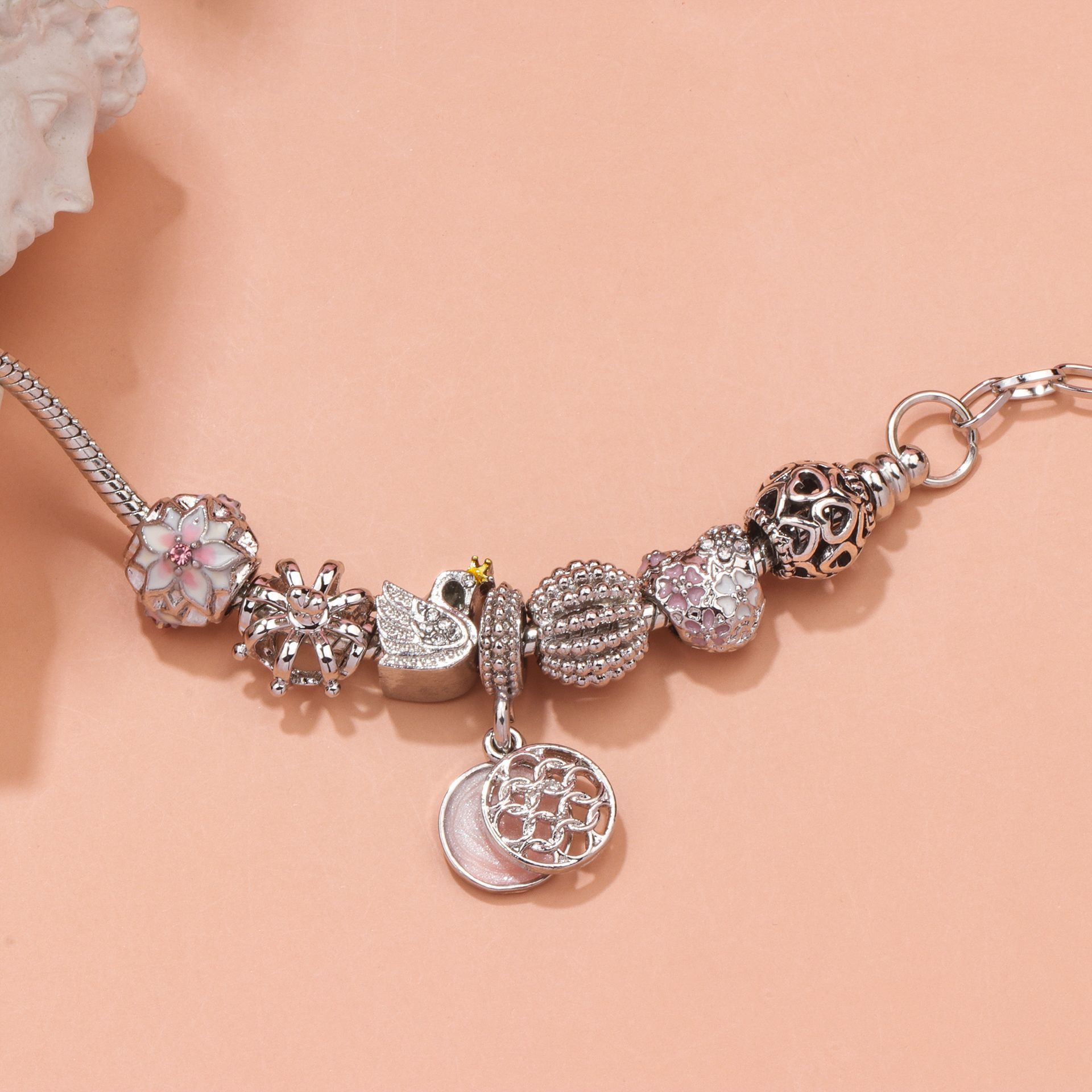 Hollow Crystal-Encrusted Swan Crown Flower Heart Bracelet(silver,18cm) โ image 2