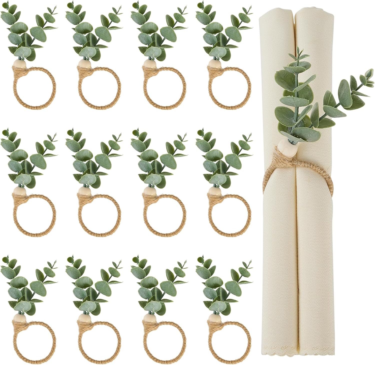 Napkin Rings Set of 12, Easter Napkin Rings, Boho Eucalyptus Leaf Napkins Rings, Wood Bead Farmhouse Easter Napkin Holder for Weddings Christmas Party Table
