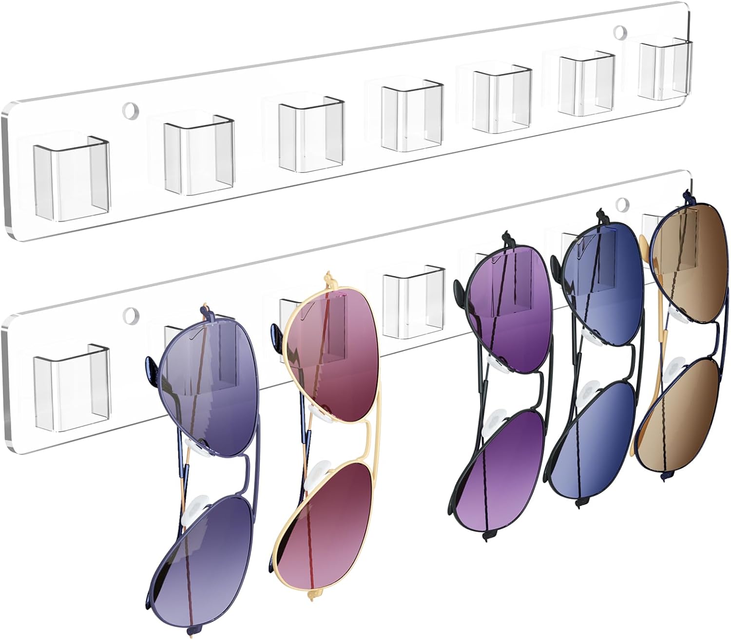 Wall Mounted Sunglasses Organizer Set of 2 Acrylic Rack Holds 14 Glasses No Drill Hanging System Transparent
