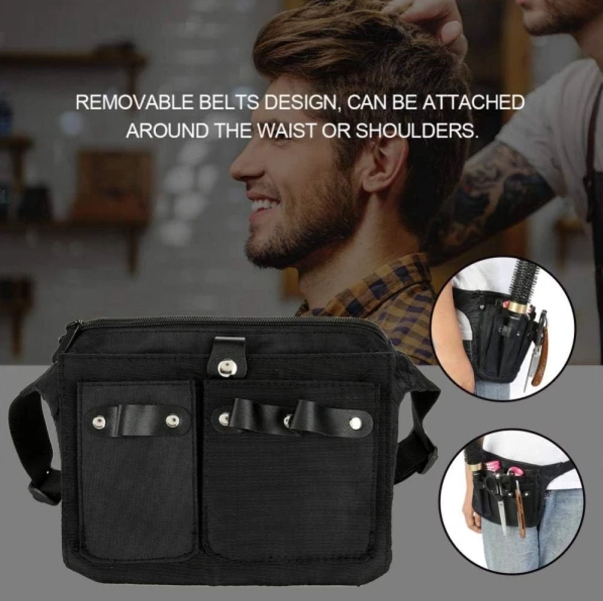 Hairdresser's Bag - Hairdresser's Belt Bag - Hairdresser's Scissor Bag - Canvas - 34*18 cm - For combs, clips - Black — image 4