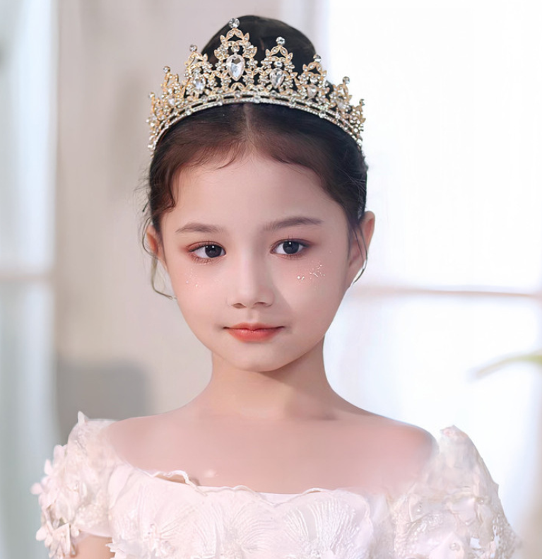 Golden-red Girls Princess Tiara Crown Crystal Rhinestone Headpiece 14cm Diameter for Birthday Party Dance Performance and Flower Girls Elegant Hair Accessory — image 2