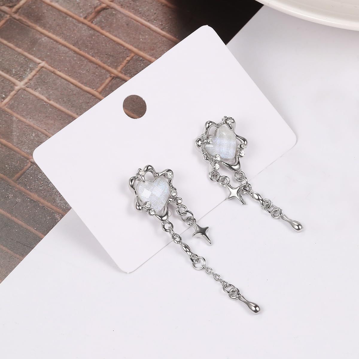 Aesthetic silver glitter flower tassel star shaped women's Gothic heart pendant earrings tassel earrings — image 4