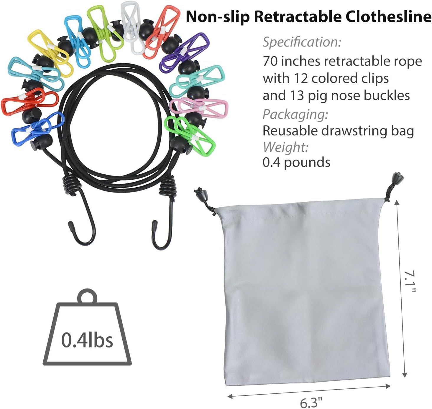 Portable Clothesline Retractable - Travel Drying Rack with Clothespins, Waterproof Outdoor Camping Laundry Line for Indoor Use in Hotel, Home, Apartment (Black — image 3