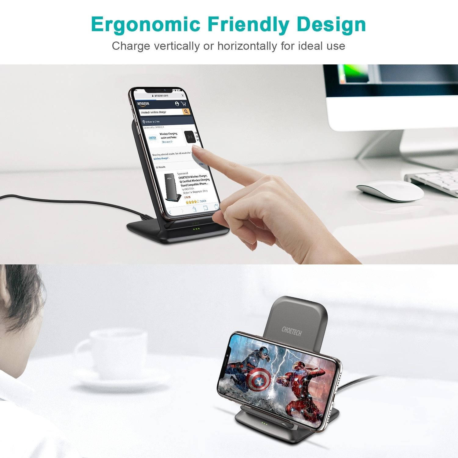 CHOETECH T555-F 15W Fast Wireless Dual Coils Charger Stand Qi for iPhone/Samsung Black โ image 6
