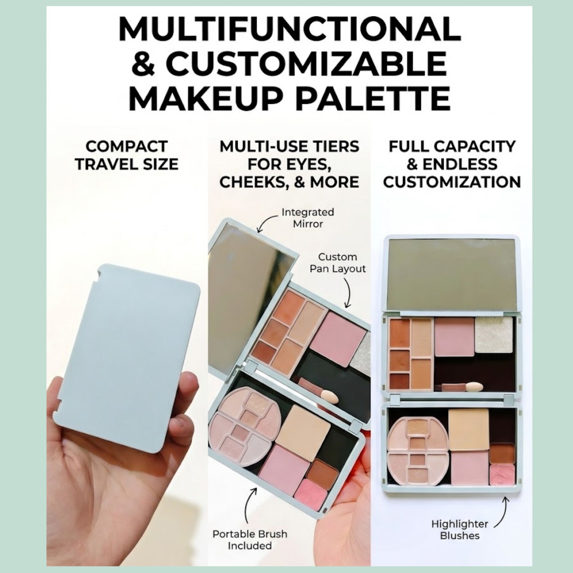 Portable Magnetic Makeup Palette With Mirror, Double-sided Folding, Refillable Eyeshadow Palette with Lid, DIY Eyeshadow Pan Dispensing Storage Box for β image 2
