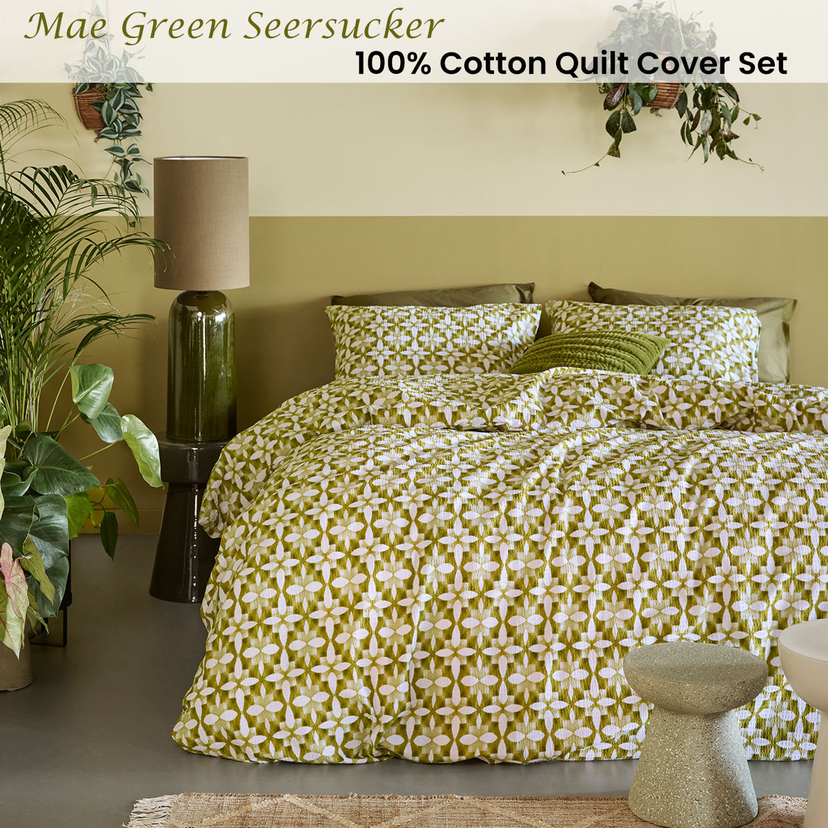 Bedding House Mae Green Seersucker Cotton Quilt Cover Set Queen โ image 2