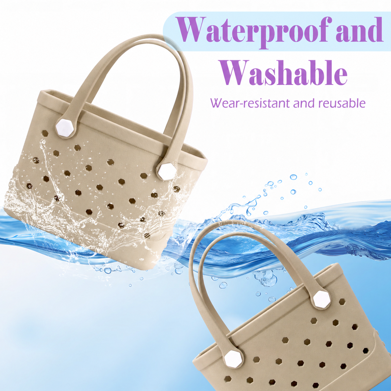Waterproof Hexagon Mesh Beach Bag - Large Capacity Travel Storage Tote for Swimwear Towel Sunglasses - Apricot Small 28x21x11cm โ image 2
