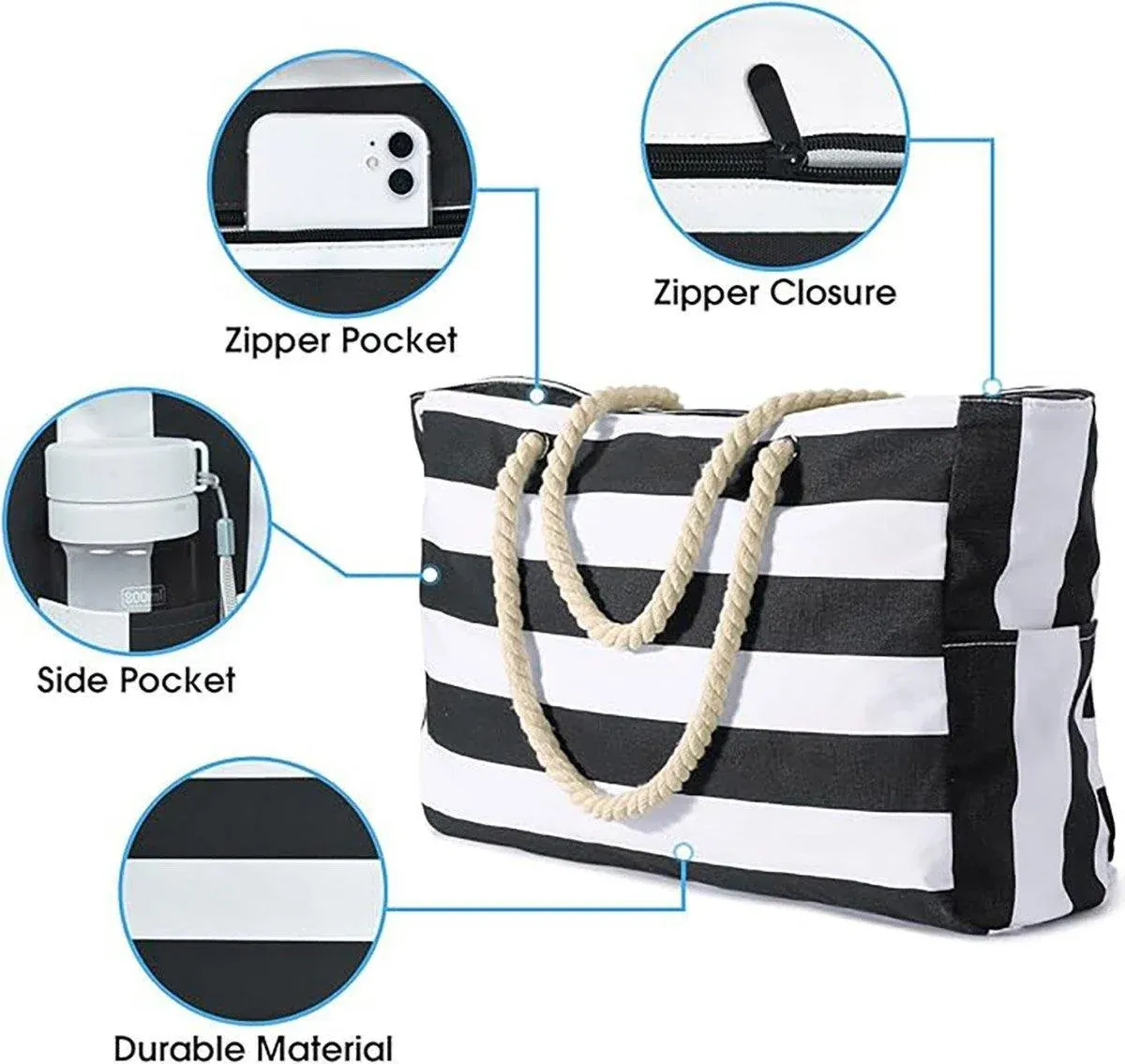 Large Bohemian Striped Canvas Beach Bag Zipper Tote for Travel Outdoor Vacation - Matcha β image 5