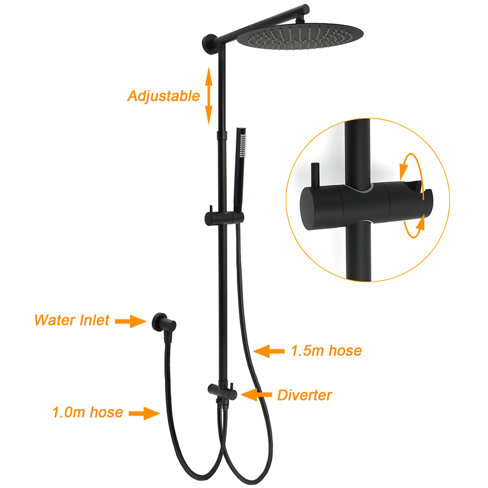 WELS Matt Black Dual 12" Round Shower Head Set Metal Handheld Rail Wall Arm Elbow Inlet Twin Taps — image 2