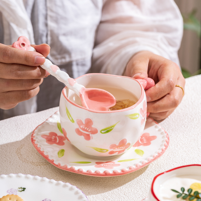 Hand-Painted Ceramic Coffee Mug and Saucer Set - Whimsical Afternoon Tea Cup with Spoon(Red rose) โ image 5