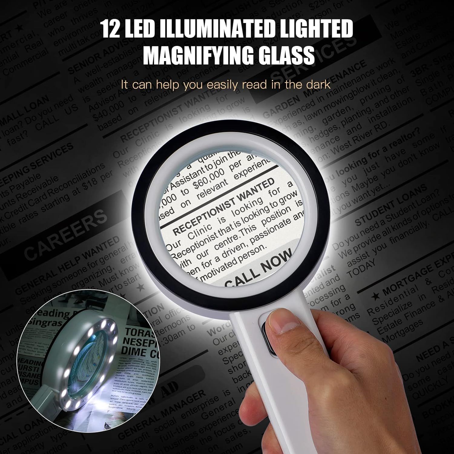 Magnifying Glass with Light, 30X Handheld Magnifying Glass, 12 LED Illuminated Lighted Magnifier for Low Vision Seniors Reading — image 2