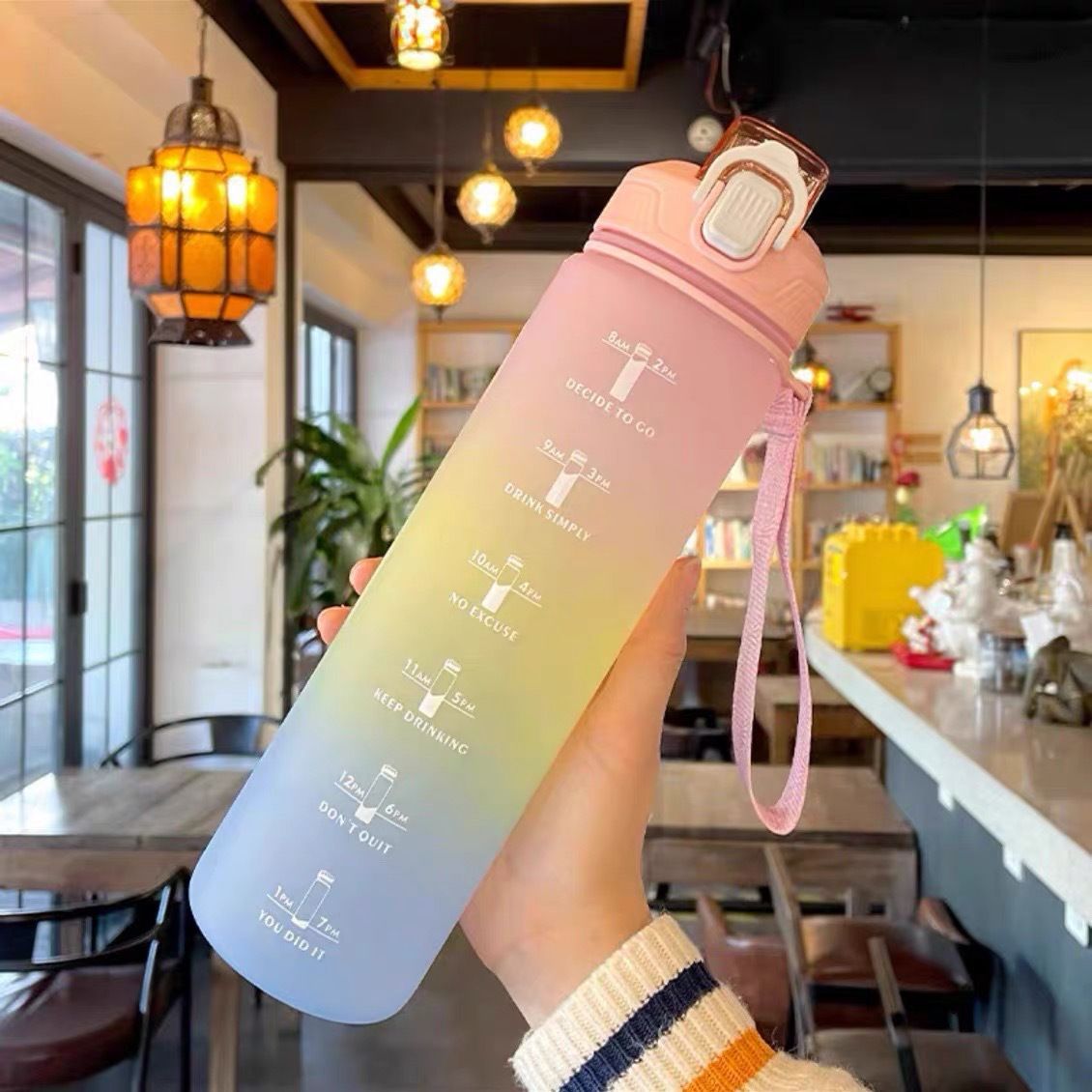 1L Water Bottles Big Water Bottle with Straw Travel Water Bottle with Time Marker Motivational Sports Water Bottle (Pink) — image 4