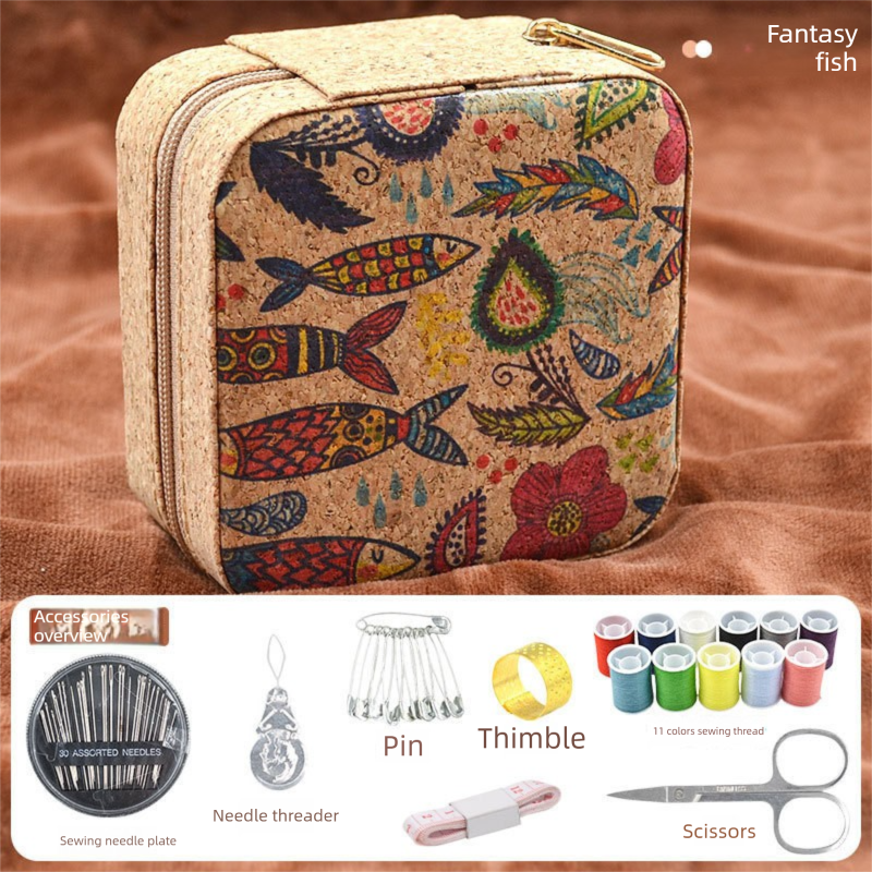 Brown Fantasy Fish Collection Portable Sewing Kit – Compact Travel Set with Needles, Thread, Scissors, Thimble, and Pin Cushion for Home, Dorm, or Emergency