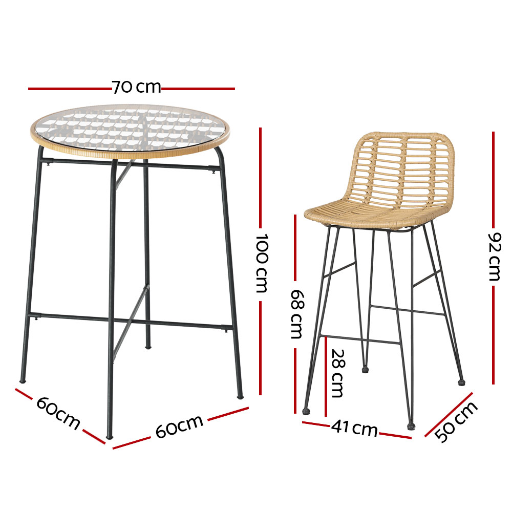 Gardeon 3-Piece Outdoor Bar Set Wicker Table Chairs Patio Bistro โ image 2
