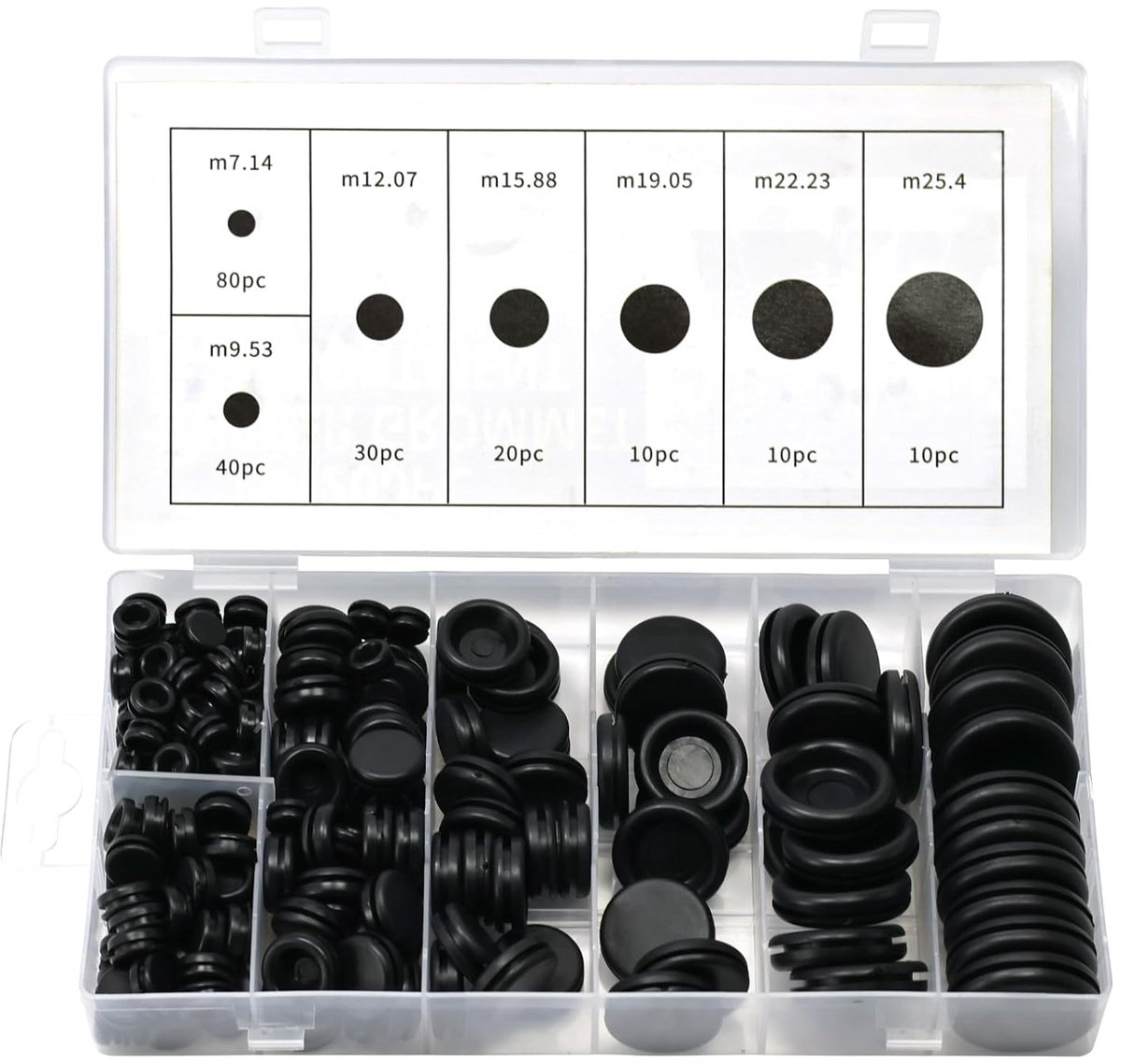 Rubber Grommet - Pack of 200 - Black - 7mm/9mm/12mm/16mm/20mm/22mm/25mm - Closed Rubber Grommet - For Wire, Electrical Installation, Cable Protection - Round