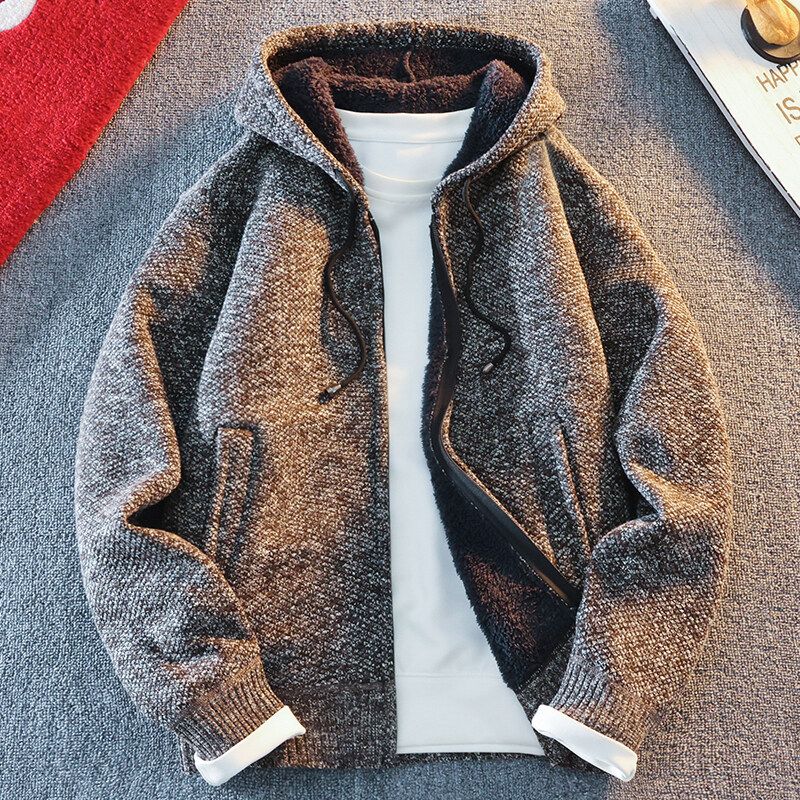 Men Hooded Thick Knitwear Loose Long Sleeve Burgundy — image 3