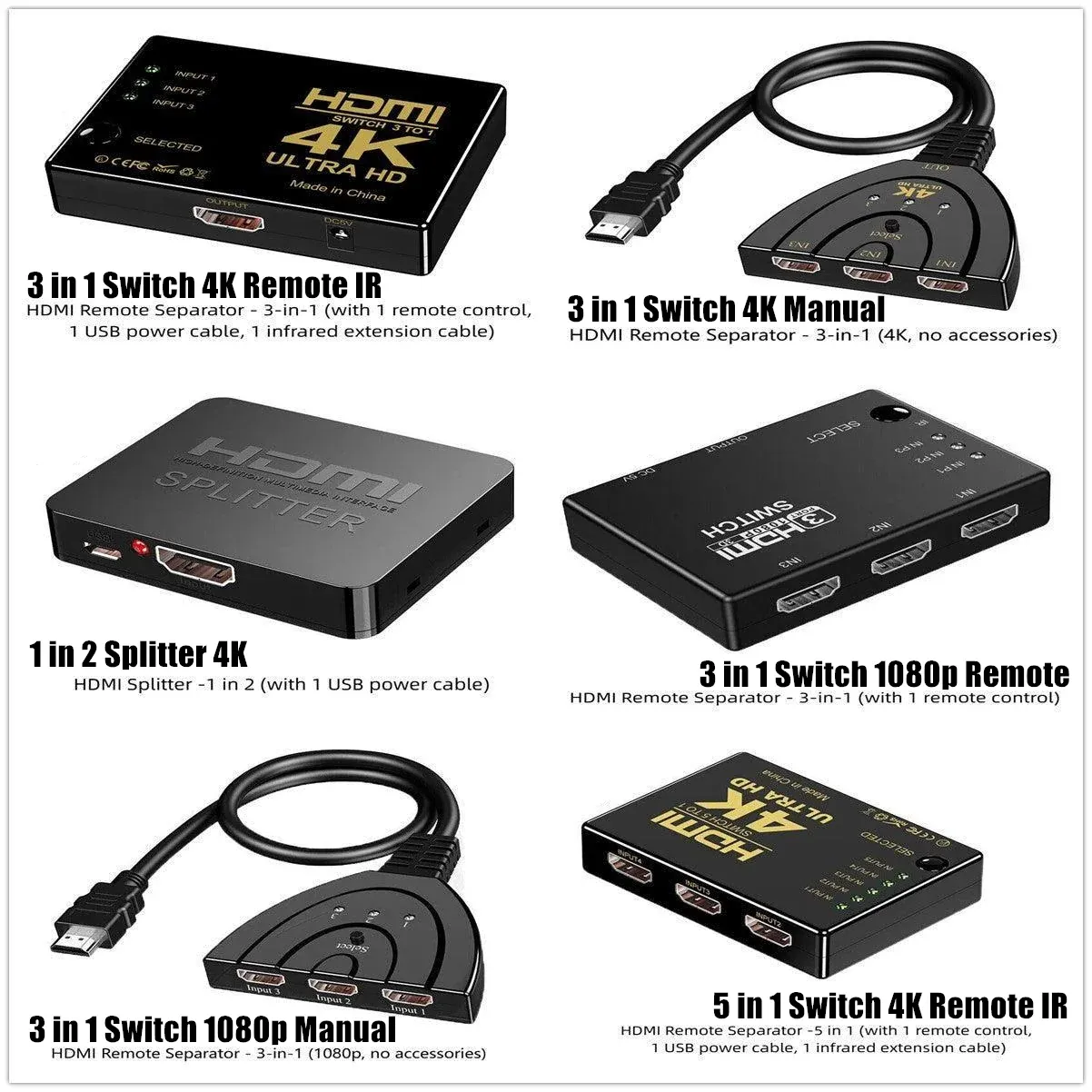 HDMI Switch Splitter 3-in-1 5-in-1 or 1-in-2 1080p 4K Manual or Remote Options - 3 in 1 Switch 1080p Remote — image 4