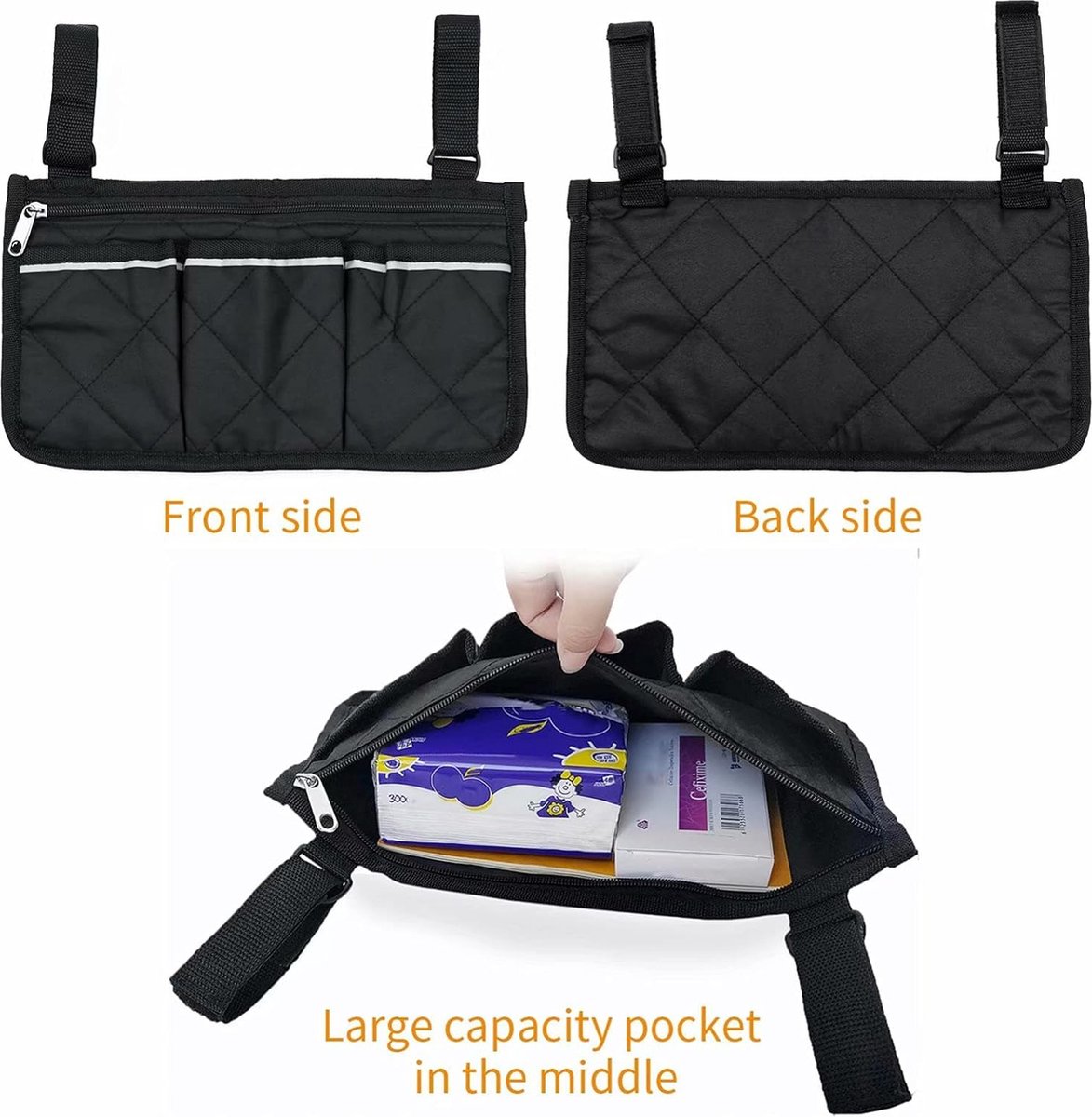 Wheelchair Armrest Storage Bag - Wheelchair Bag with 4 Storage Compartments - 32.5 x 18 cm - Waterproof Armrest Bag - with Safety Reflective Stripe — image 5