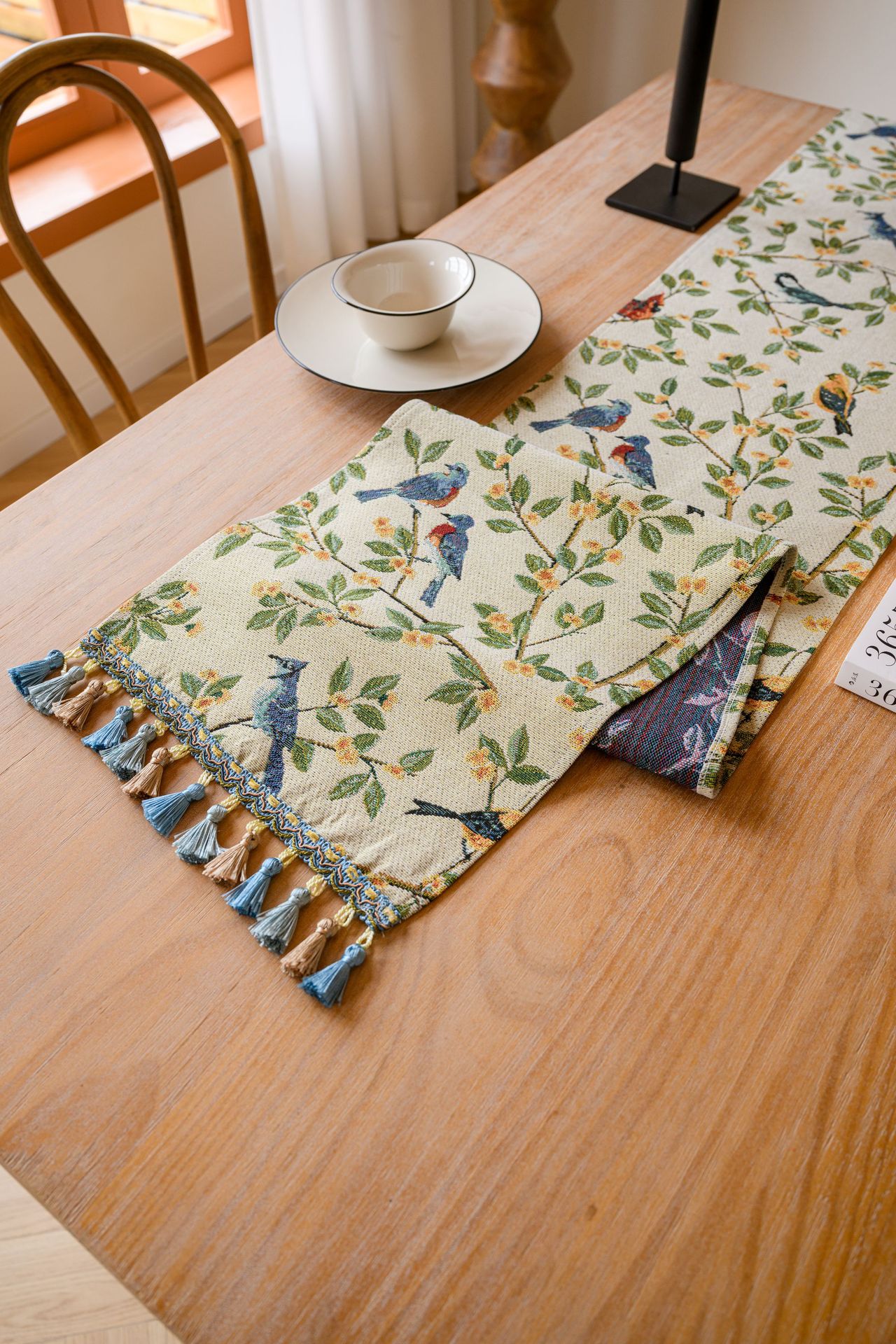 Birds & Branch Table Runner - Jacquard Woven Beige with Tassels(33 × 200CM) — image 2