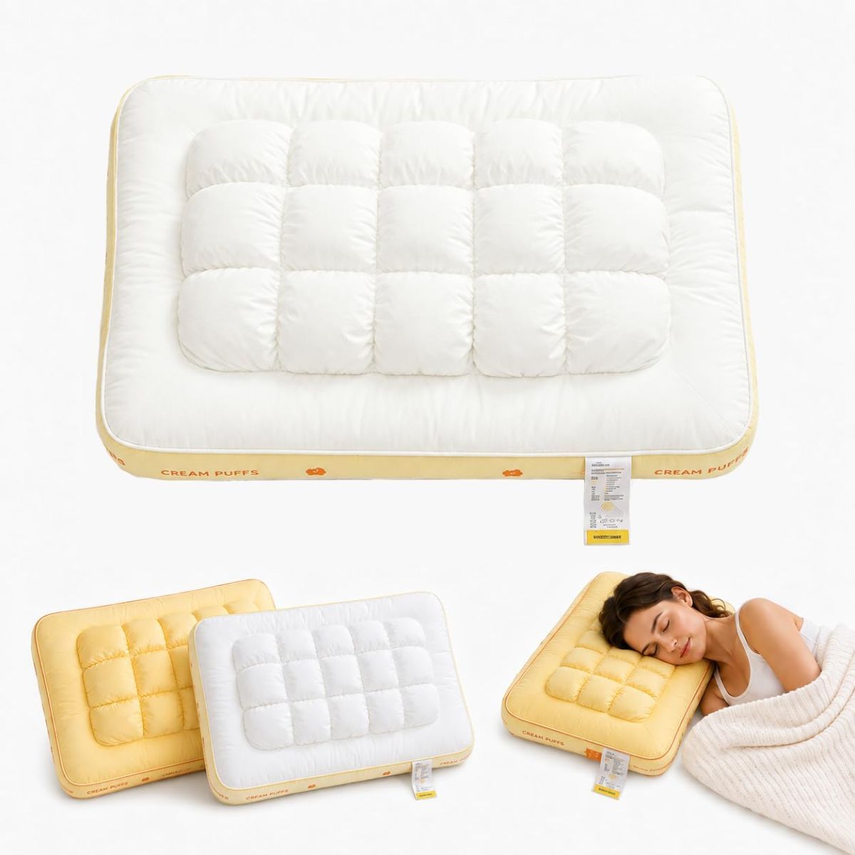 Cooling Marshmallow Puff Pillow, Quilted Cool-Touch Bed Pillow for Adults, Cloud-Like Fluffy Sleep Pillow with Neck Support for Side Back Sleepers - Yellow — image 2