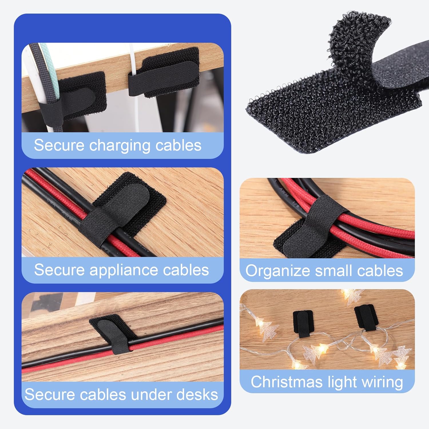 100 Pcs Hook and Loop Cable Ties, Self Adhesive Cable Management Desktop Cable Straps, Adjustable Cord Organizer for Desk Home Office Organization (Black) — image 5